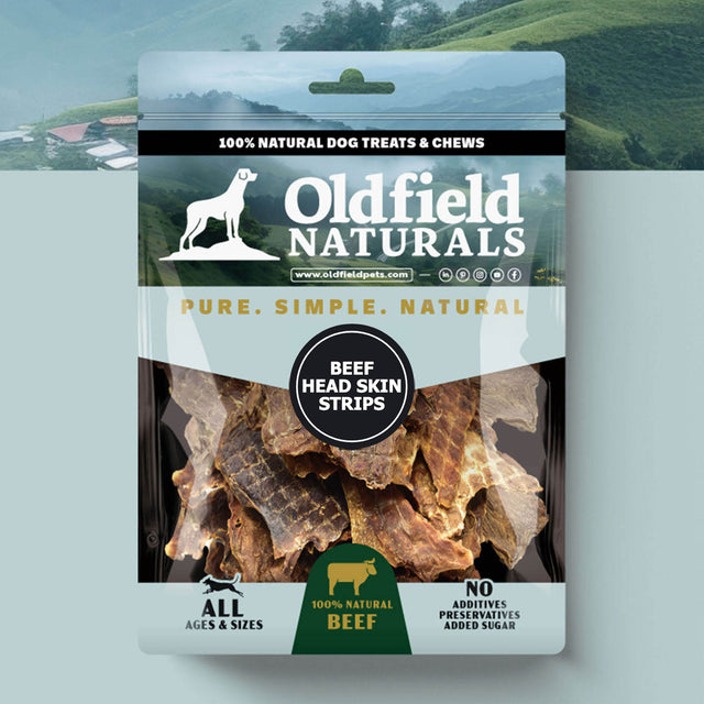 Oldfield Naturals Beef Head Skin Strips Packaging – Natural Beef Dog Chews Displayed on Scenic Background