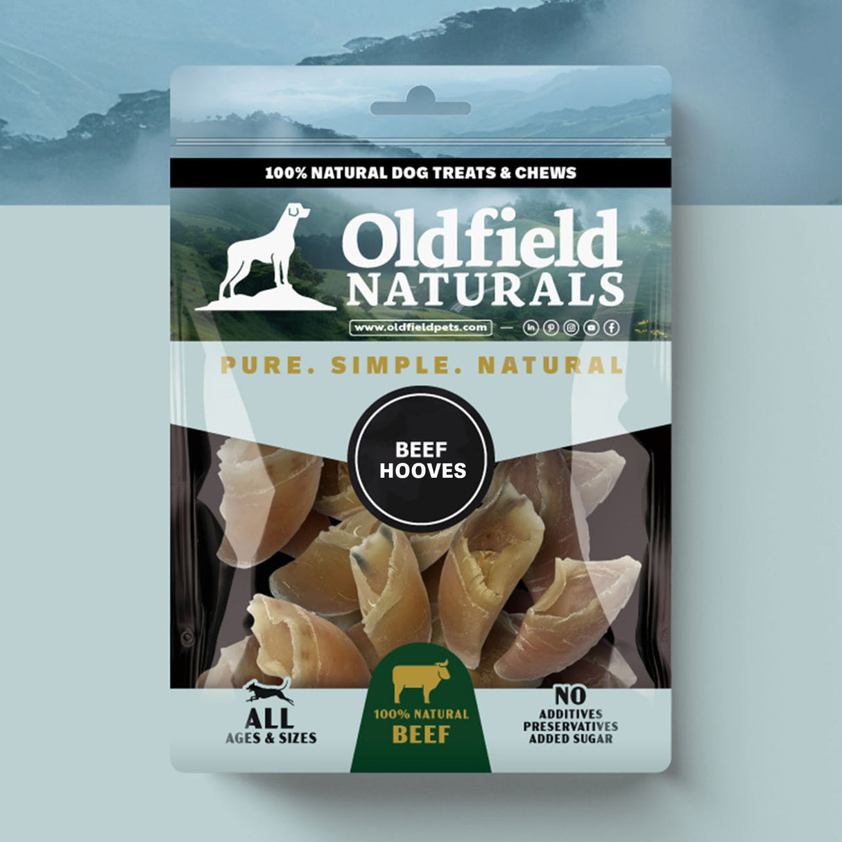 Oldfield Naturals Beef Hooves Packaging – 100% Natural Long-Lasting Dog Chews on Branded Background