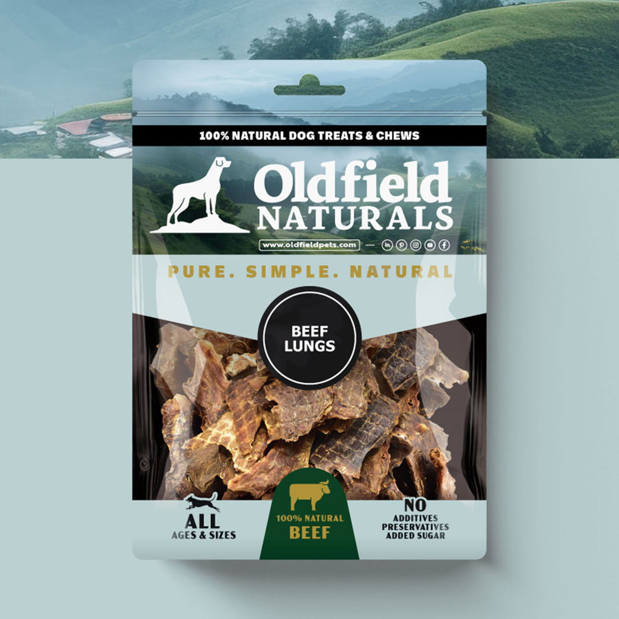 Oldfield Naturals Beef Lungs Packaging – 100% Natural High-Protein Dog Treats on Branded Background