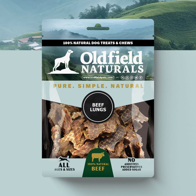 Oldfield Naturals Beef Lungs Packaging – 100% Natural High-Protein Dog Treats on Branded Background