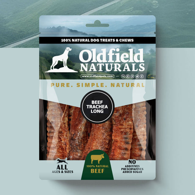 Oldfield Naturals Beef Trachea Long Dog Treat Packaging – 100% Natural Beef Chew for Joint Health and Dental Support