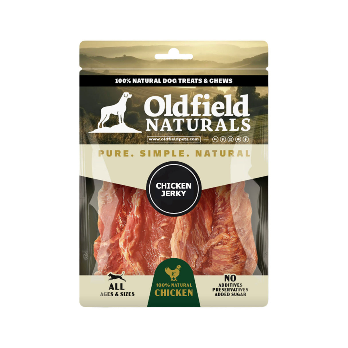 Oldfield Naturals Chicken Jerky Dog Treat Packaging – 100% Natural Air-Dried Chicken Strips for Dogs