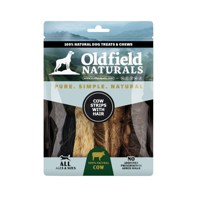 Oldfield Naturals Cow Strips with Hair Dog Treat Packaging – 100% Natural Cow Skin Chews for Dogs
