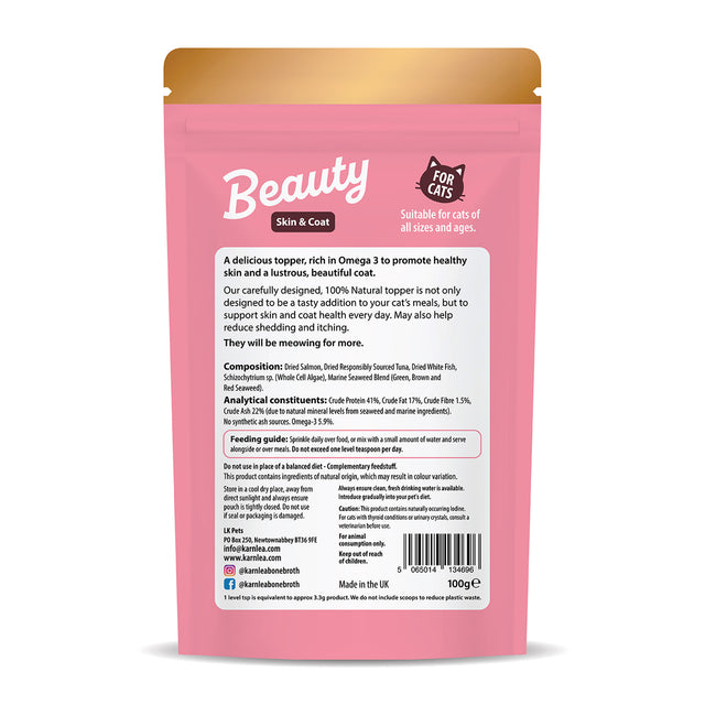 Back view of Karnlea Beauty skin and coat topper pouch showing ingredients, feeding guide, and nutritional information