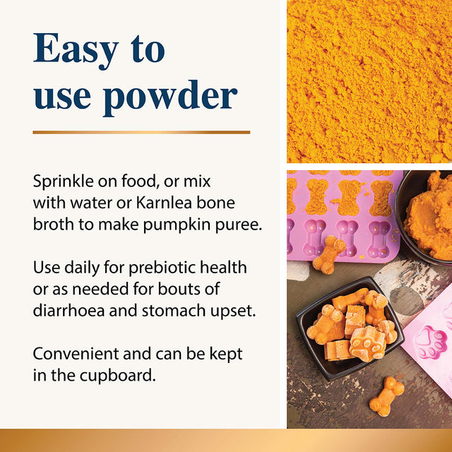 Infographic showing ways to use pumpkin powder dog supplement with powder and pumpkin treats pictured