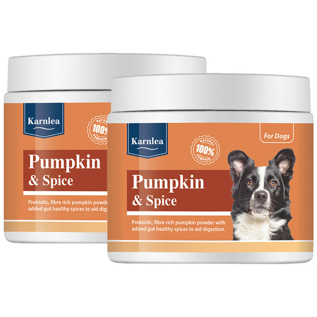 Karnlea Pumpkin and Spice pumpkin powder supplement for dogs shown in two jars
