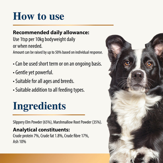 Infographic explaining usage and ingredients of a slippery elm and marshmallow root dog supplement