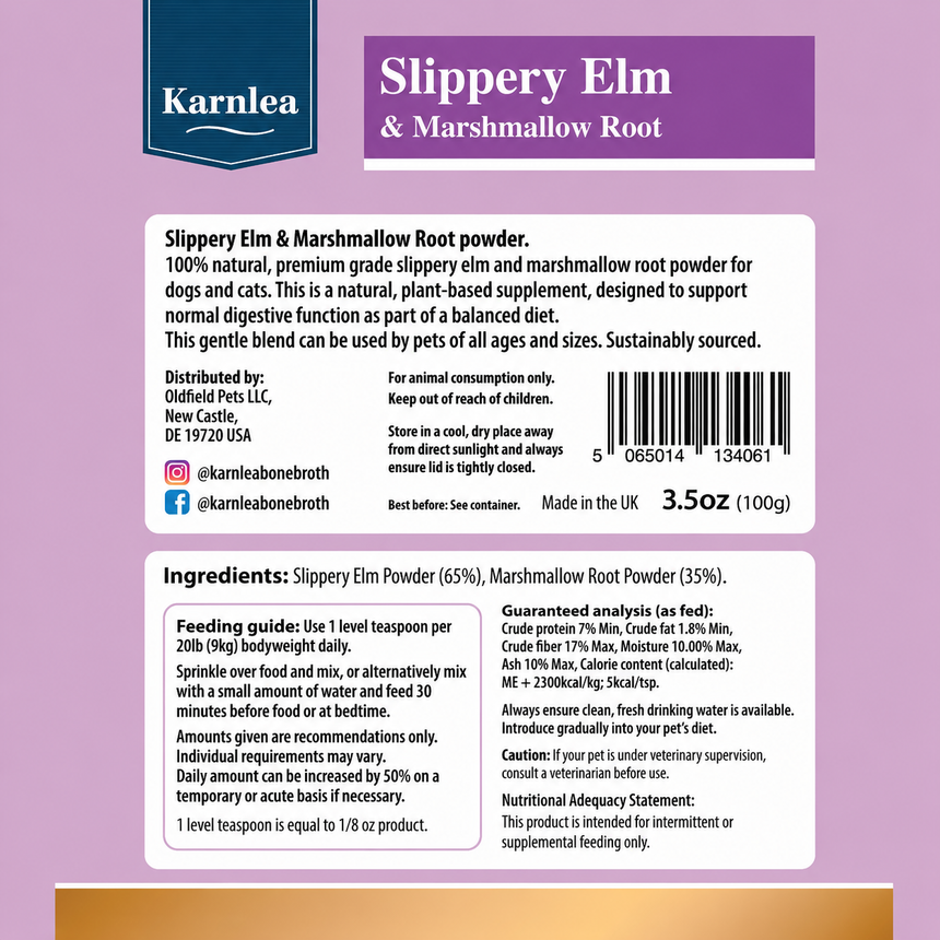 Back of Karnlea Slippery Elm and Marshmallow Root dog supplement packaging showing ingredients and feeding guide