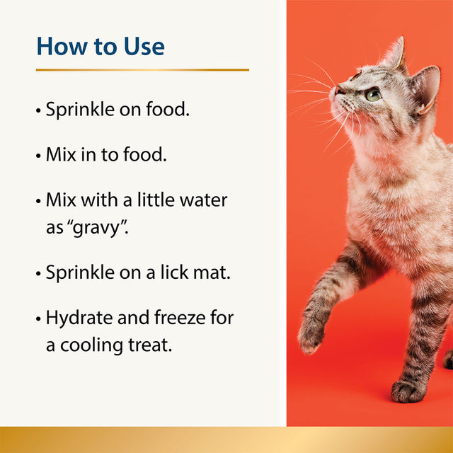 Graphic showing how to use Karnlea cat food toppers with preparation tips and a cat image