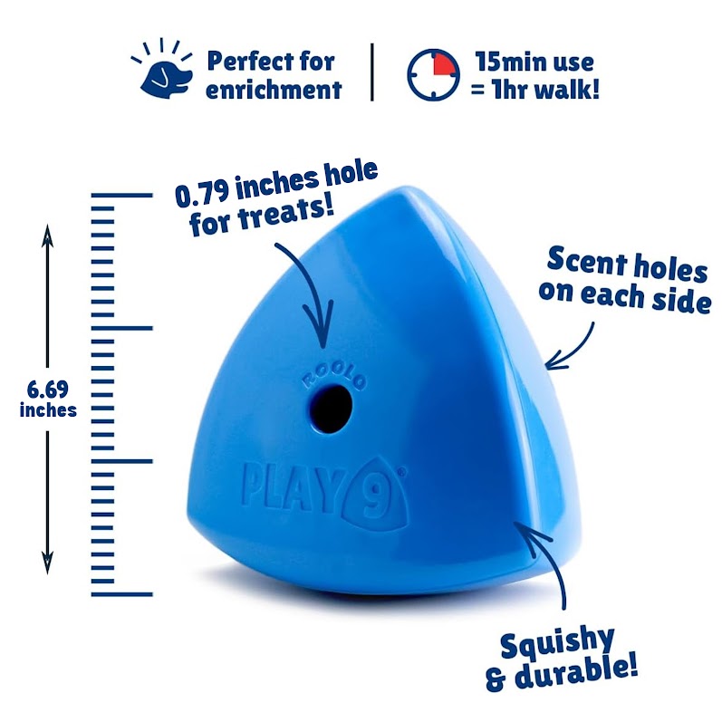 Roolo interactive dog enrichment toy by PLAY9 with treat hole, scent holes, and size measurements shown