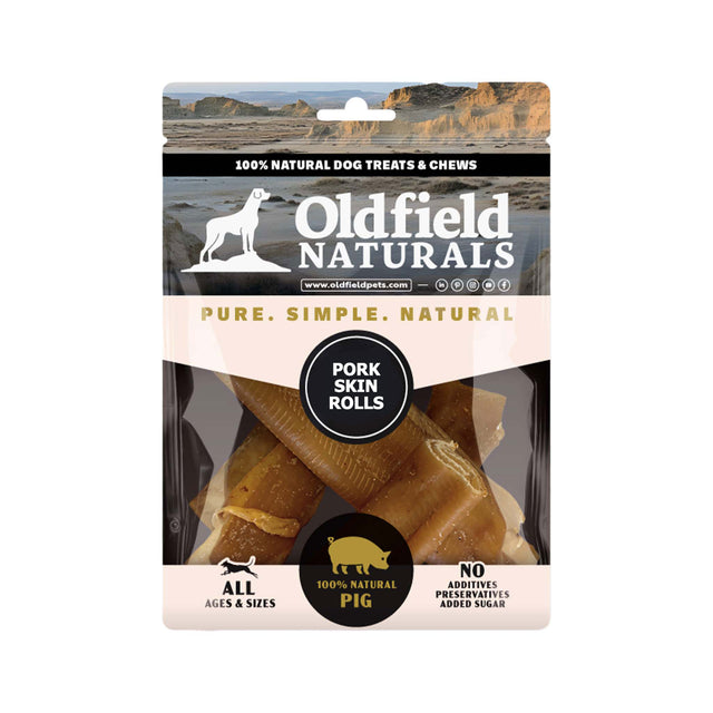 Oldfield Naturals Pork Skin Rolls Dog Treat Packaging – 100% Natural Long-Lasting Chews for Dogs