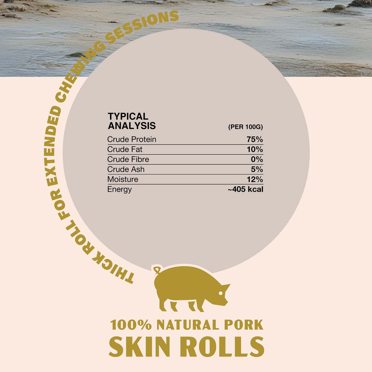 Oldfield Naturals Pork Skin Rolls Nutritional Analysis – 75% Protein, 10% Fat, 405 kcal Natural Dog Treat