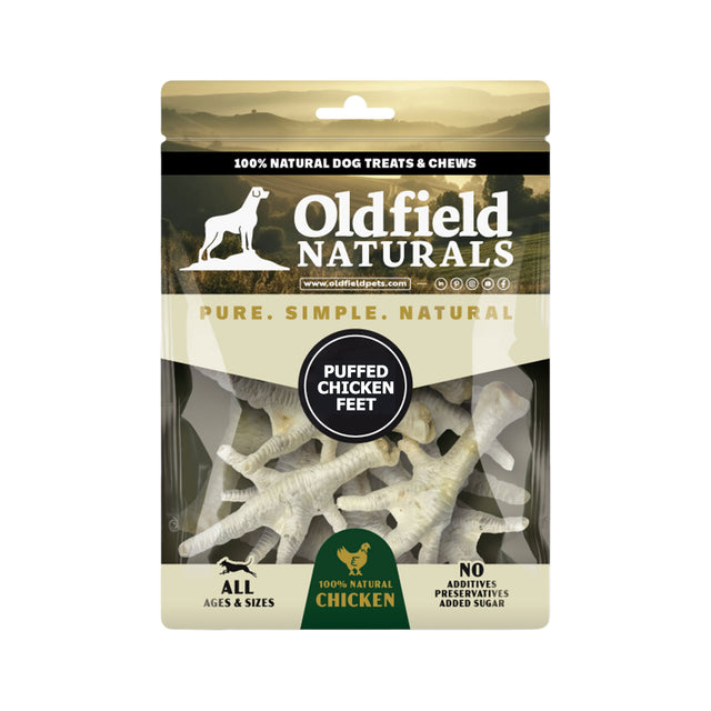 Oldfield Naturals Puffed Chicken Feet Dog Treat Packaging – 100% Natural Light Chews for All Dog Sizes