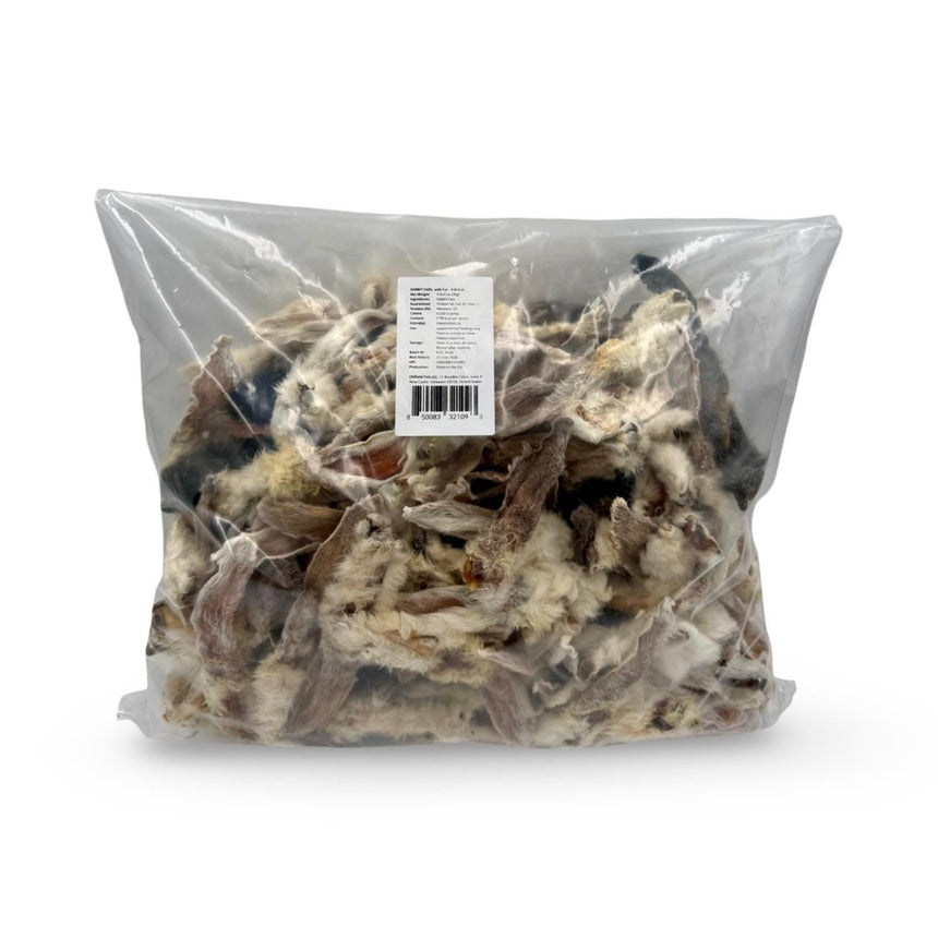 A pack of Bulk rabbit ears with hair dog treats