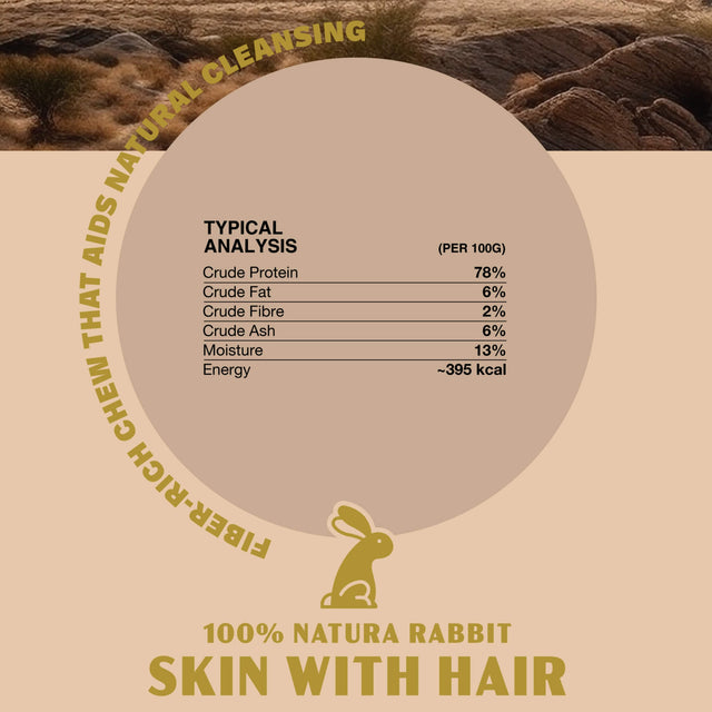 Oldfield Naturals Rabbit Skin with Hair Nutritional Chart – 78% Protein, 6% Fat, 395 kcal Natural Rabbit Chew for Dogs