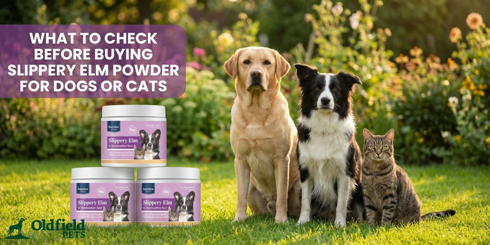 Dogs and cat beside Karnlea Slippery Elm & Marshmallow Root Powder for dogs and cats