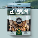 Oldfield Naturals Beef Head Skin Strips Packaging – Natural Beef Dog Chews Displayed on Scenic Background