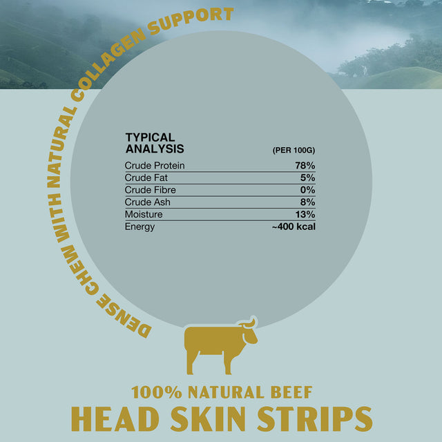 Oldfield Naturals Beef Head Skin Strips Nutritional Information – 78% Protein Collagen Dog Chew Analysis