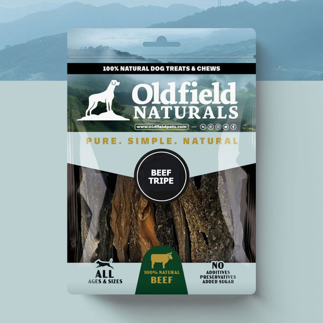 Oldfield Naturals Beef Tripe Packaging – Natural Dog Treats Made from 100% Beef for Digestive Support