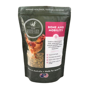 The Good Life Backyard Bone and Mobility chicken supplement in a 1 lb resealable pouch