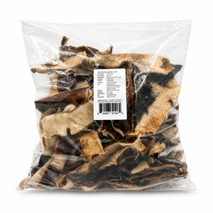 A pack of bulk cow skin strips with hair dog treats