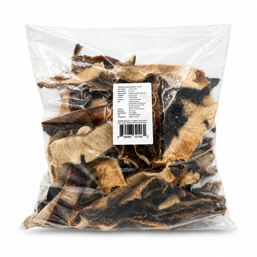A pack of bulk cow skin strips with hair dog treats