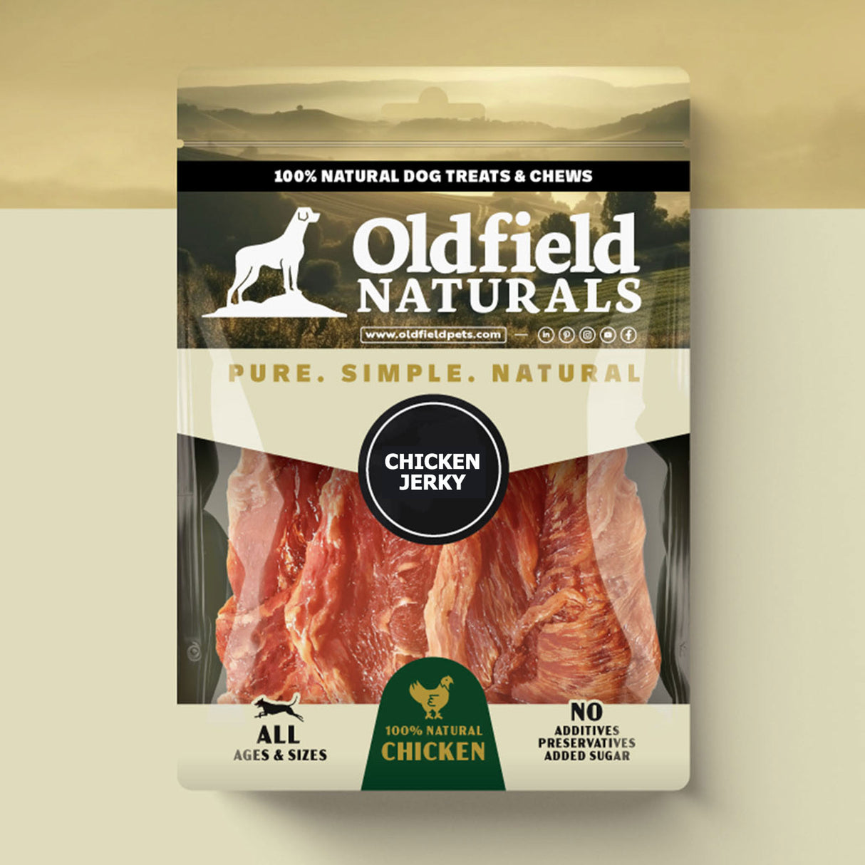 Oldfield Naturals Chicken Jerky Packaging – Pure, Simple, Natural High-Protein Dog Treats