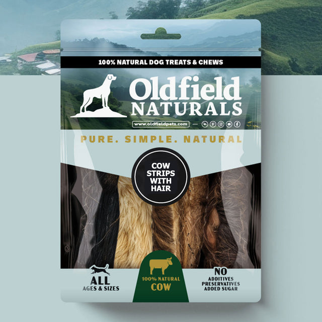 Oldfield Naturals Cow Strips with Hair Packaging – Pure, Simple, Natural Long-Lasting Dog Chews