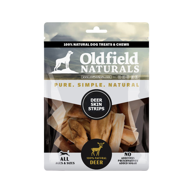 Oldfield Naturals Deer Skin Strips Dog Treat Packaging – 100% Natural Hypoallergenic Chews for Sensitive Dogs