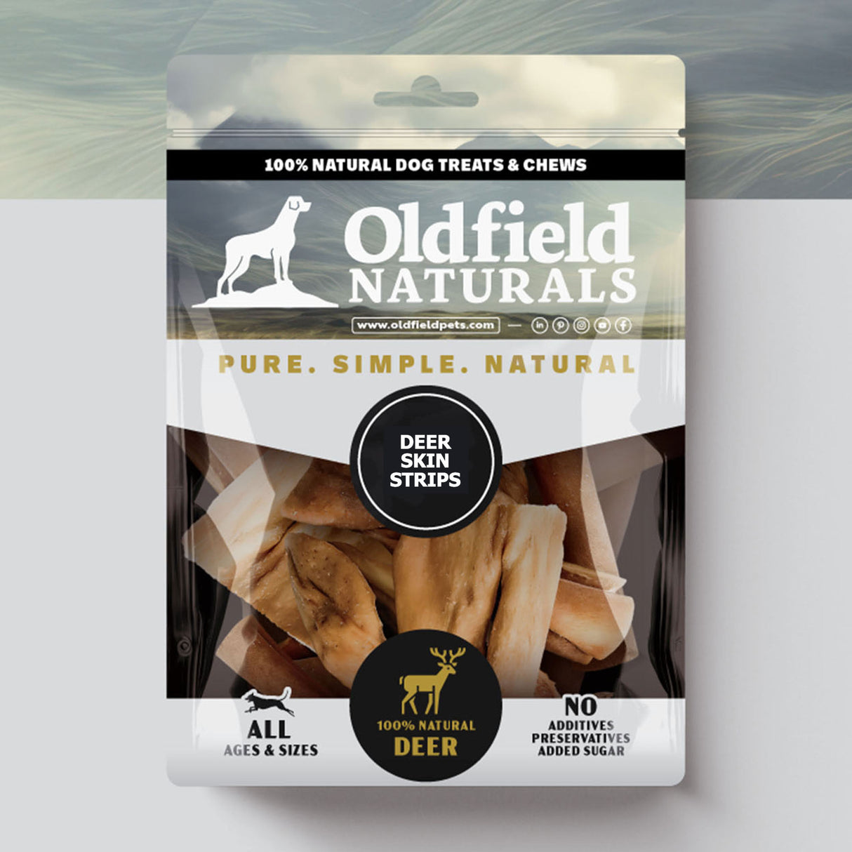 Oldfield Naturals Deer Skin Strips Packaging – Pure, Simple, Natural Hypoallergenic Dog Treats