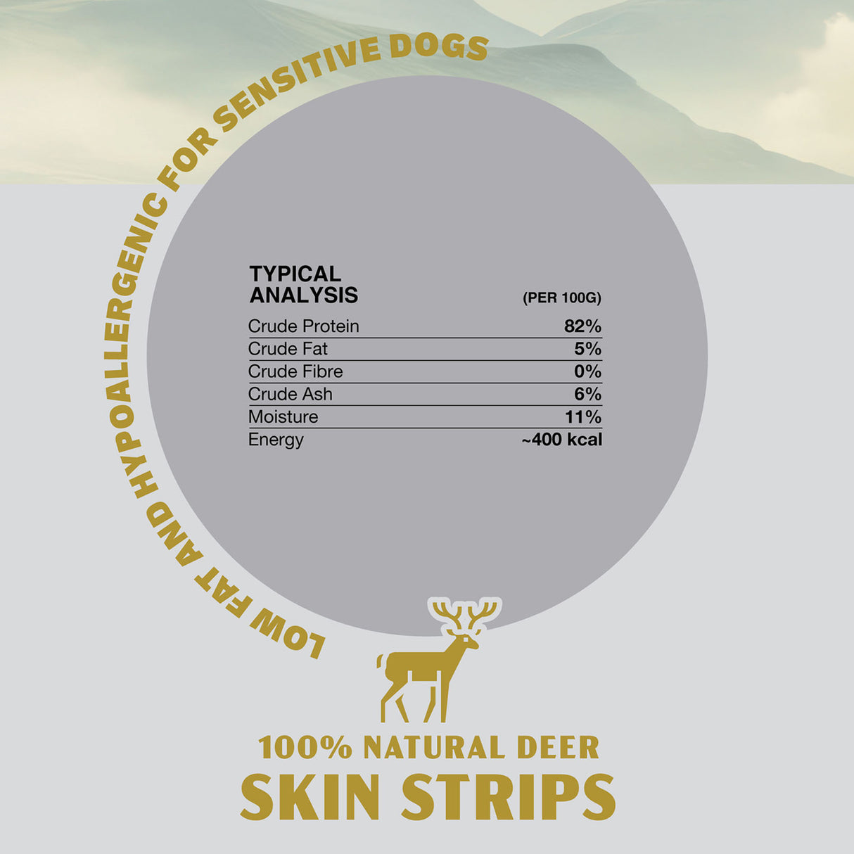 Oldfield Naturals Deer Skin Strips Nutritional Analysis – 82% Protein, 5% Fat, 400 kcal Lean Dog Treat
