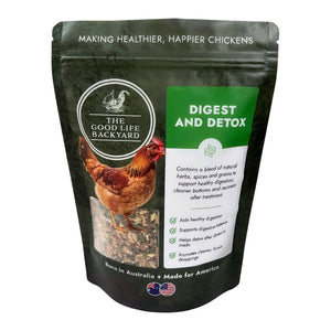 The Good Life Backyard Digest and Detox chicken supplement in a 1 lb resealable pouch