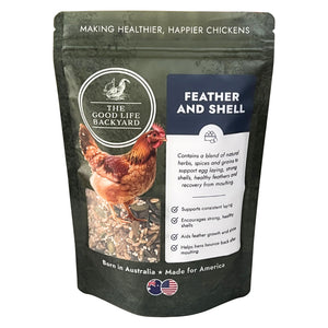 The Good Life Backyard Feather and Shell chicken supplement in a 1 lb resealable pouch