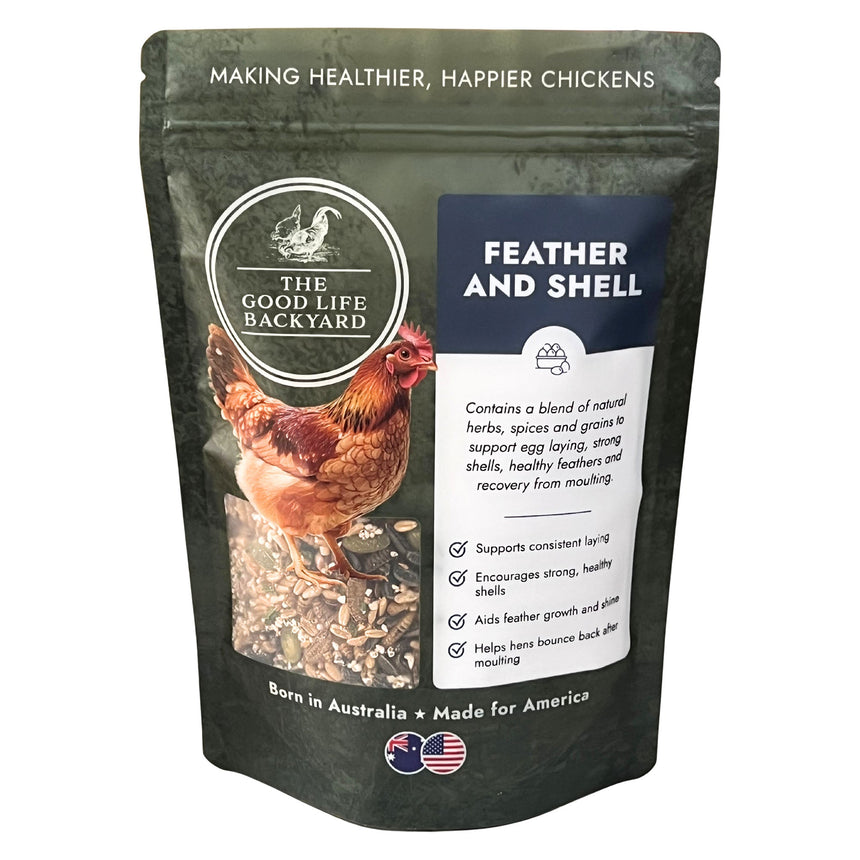 The Good Life Backyard Feather and Shell chicken supplement in a 1 lb resealable pouch