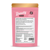 Back view of Karnlea Beauty skin and coat topper pouch showing ingredients, feeding guide, and nutritional information