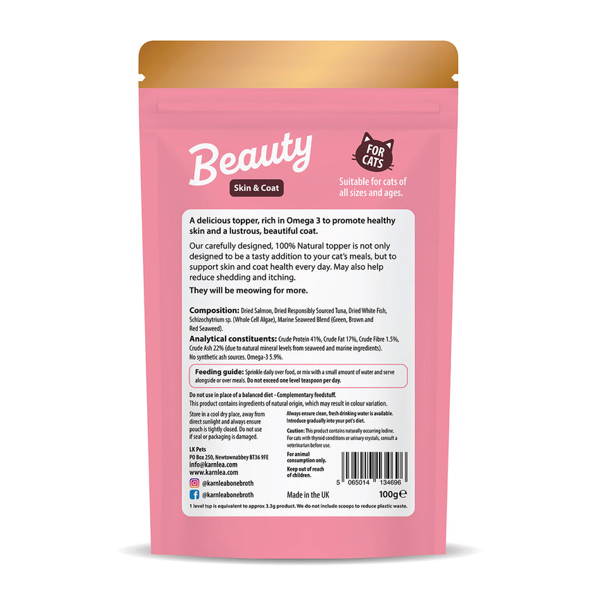 Back view of Karnlea Beauty skin and coat topper pouch showing ingredients, feeding guide, and nutritional information