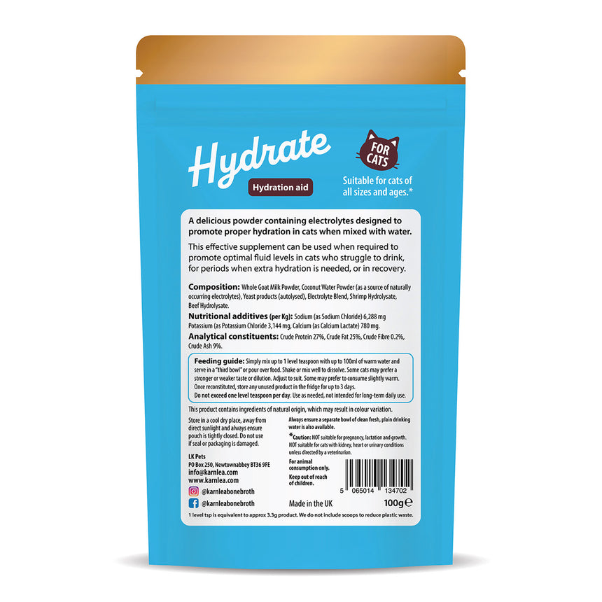 Back side of cat hydration aid supplement powder