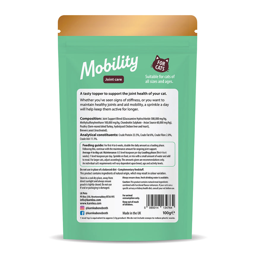 Back side of the package of cat multivitamin supplement powder topper for joint care