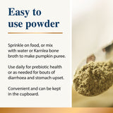 Graphic describing easy-to-use powdered pet supplement with spoonful of powder shown