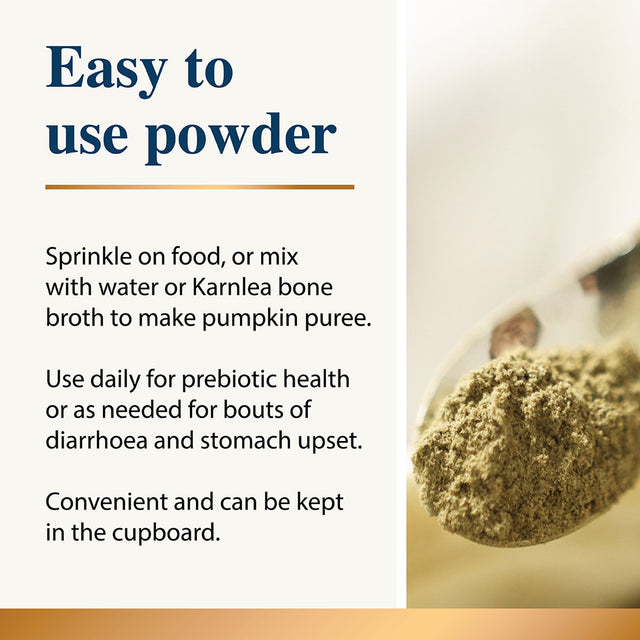 Graphic describing easy-to-use powdered pet supplement with spoonful of powder shown