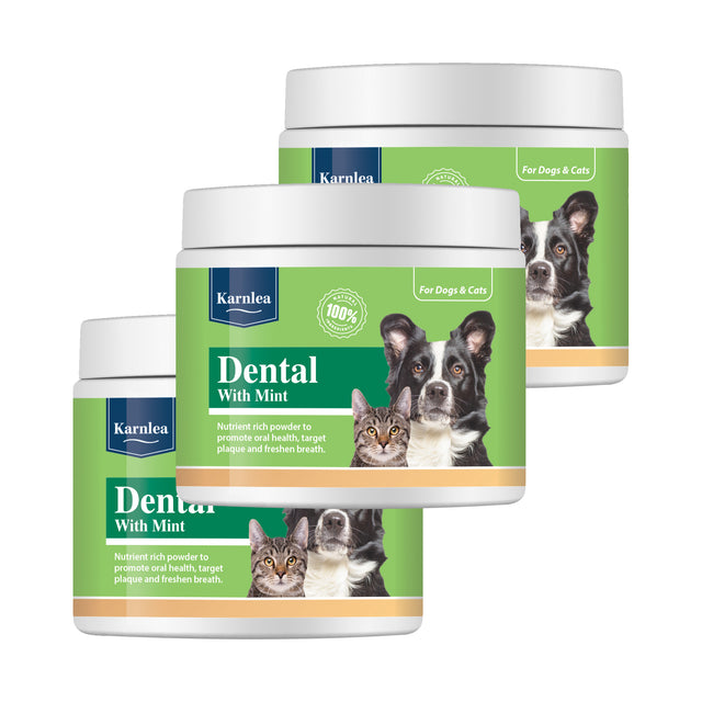 Three jars of Karnlea Dental with Mint supplement for dogs and cats in green packaging