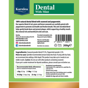 Back of Karnlea Dental with Mint supplement packaging showing ingredients, feeding guide, and nutritional information