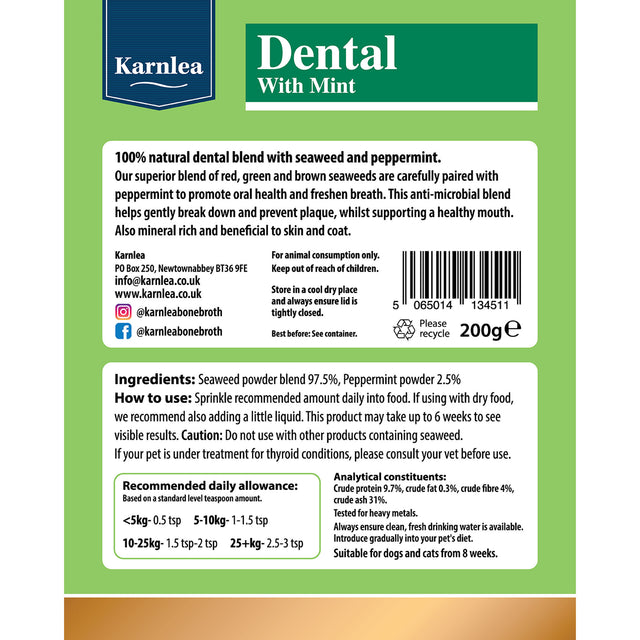 Back of Karnlea Dental with Mint supplement packaging showing ingredients, feeding guide, and nutritional information