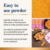 Infographic showing ways to use pumpkin powder dog supplement with powder and pumpkin treats pictured