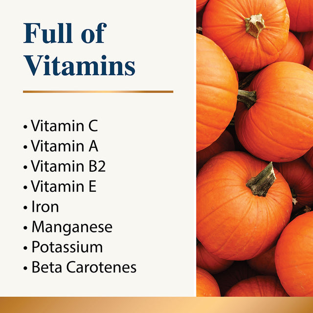 Infographic showing vitamins and nutrients present in pumpkin powder with pumpkin images