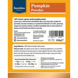Karnlea Pumpkin Powder dog supplement back packaging with ingredients and usage instructions