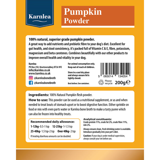 Karnlea Pumpkin Powder dog supplement back packaging with ingredients and usage instructions