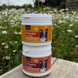Karnlea Pumpkin Powder and Pumpkin and Spice dog supplements shown stacked in an outdoor setting