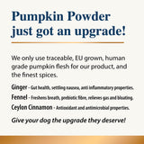 Graphic describing an upgraded pumpkin powder formula with ginger, fennel, and cinnamon