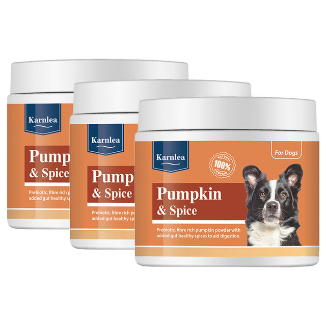 Karnlea Pumpkin and Spice pumpkin powder supplement for dogs shown in three jars